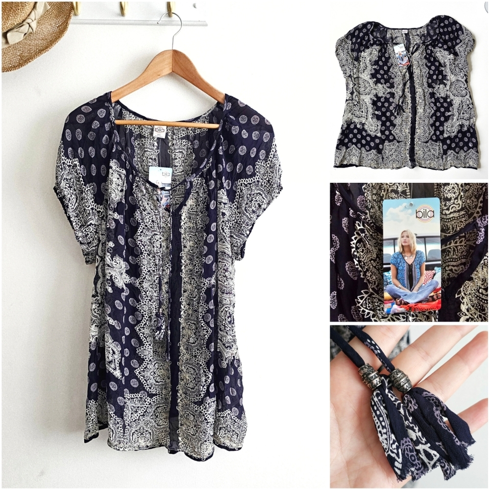 NWT Bila Navy Paisley Embroidered Boho Blouse (XXL)